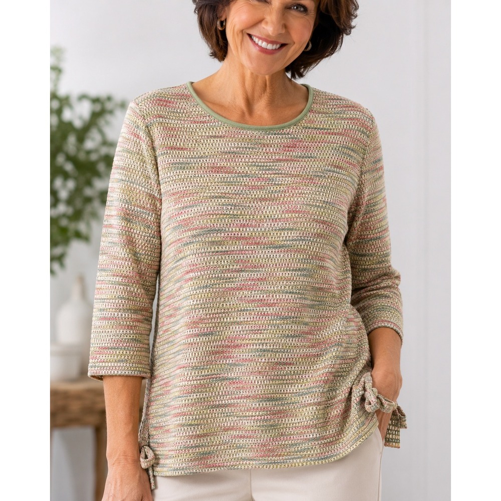 Alfred Dunner Space Dye Textured Knit Top‎ Side Tie 3/4 Sleeve Sage Pink Large